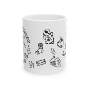 Pagrindinis winter doodle ceramic mug — snowboarding & cozy holiday (11oz, 15oz)
